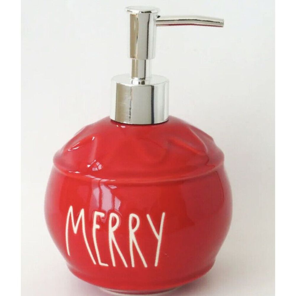 Rae Dunn MERRY Red Christmas Ornament Soap Ceramic Pump Lotion Dispenser